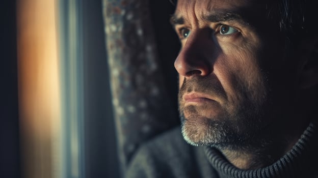 A man in his 40s with a tired and weary expression lost in thought as he reflects on the purpose of his life photo