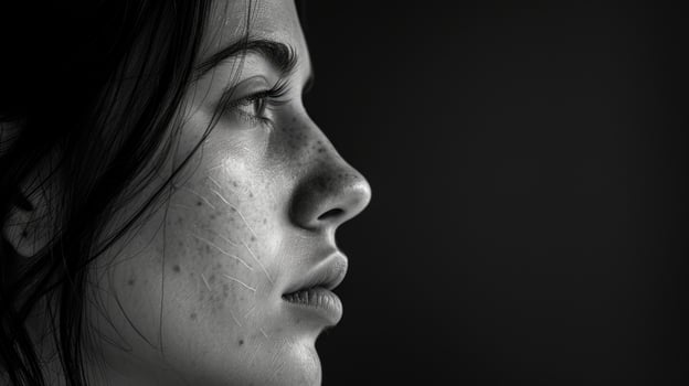 A woman with scars on her face looks serenely into the distance her acceptance and selflove evident despite societys narrow standards of beauty photo