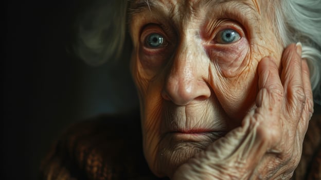 An elderly woman with a trembling hand and an anxious expression embodying an anxious personality disorder photo