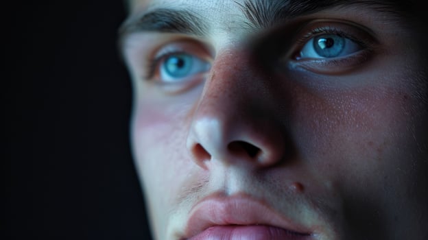 Closeup of a young mans face the faintest hint of a smile on his lips as he finally begins to feel comfortable in his own skin photo