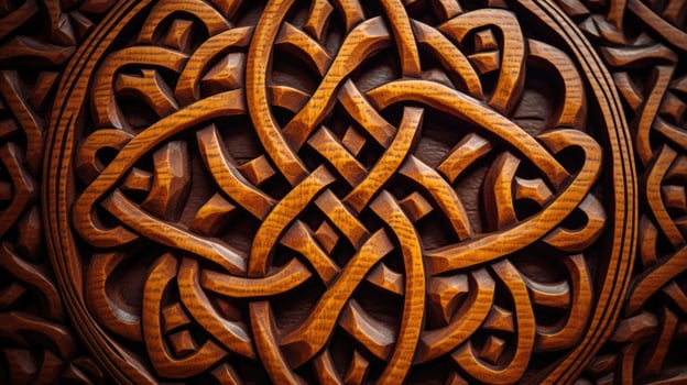 The closeup of a Celtic knot design, showcasing the symmetrical and interconnected nature of knots in traditional art. photo