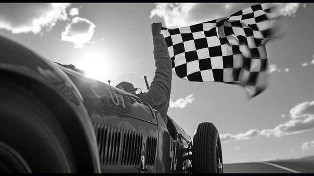 A vintagestyle black and white shot of a checkered flag being waved by a dapper race official evoking the timeless elegance and nostalgia of early racing eras photo