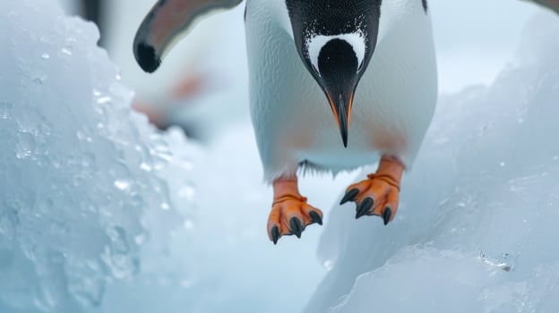 Closeup of a penguins webbed feet gracefully gliding over the smooth glistening ice photo