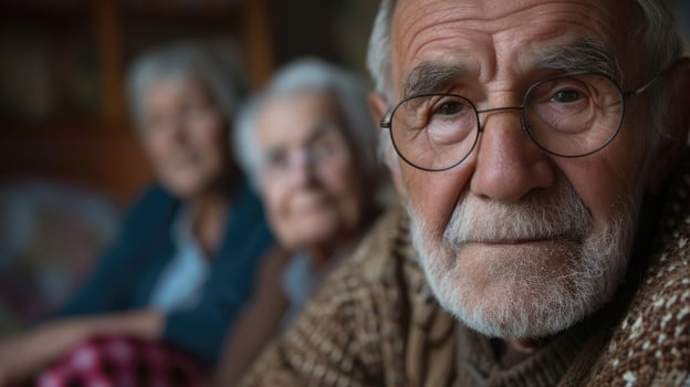 A middleaged man surrounded by his elderly relatives all reminiscing about the good old days photo
