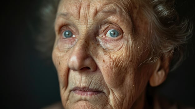 Closeup portrait of a retired elderly woman her face etched with exhaustion and years of hard work. She reflects on a life of burnout and exhaustion photo