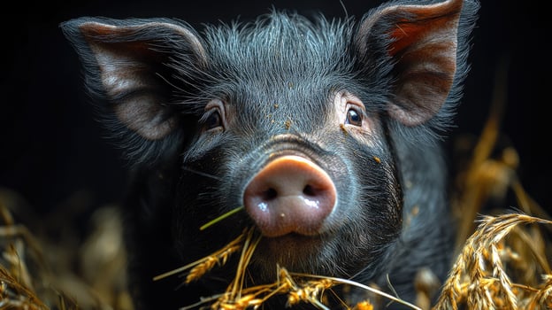Black piglet eating hay in the farm photo
