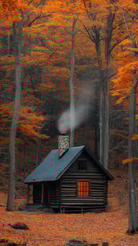 Cozy wooden cabin surrounded by autumn colors with smoke rising from chimney photo