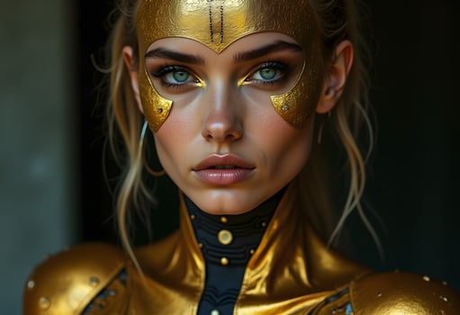 A woman with gold makeup and a golden costume photo