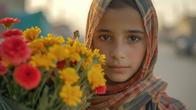 A teenage girl selling flowers on the side of the road her eyes filled with hope as she dreams of a better life photo
