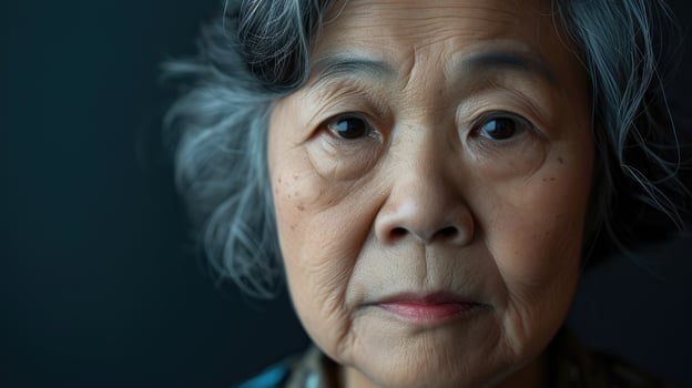 An older East Asian woman her face etched with determination as she reflects on the discrimination she has faced and her commitment to creating change photo