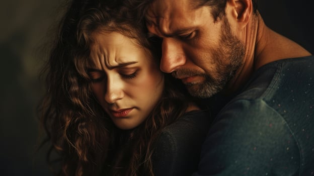 A man comforting a crying woman with a look of deep empathy and understanding in his eyes photo