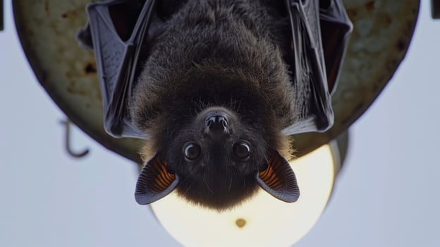 Closeup of a bat hanging upside down from a street lamp its eyes glittering in the bright light as it rests before resuming its hunt. Its sharp fangs and delicate feature photo
