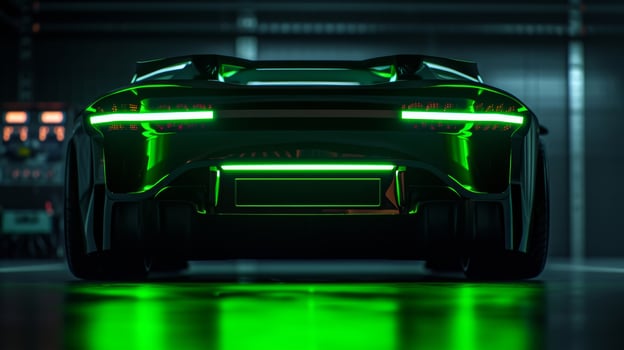 Neon green lights framing the license plate creating a bold and eyecatching contrast against the black background photo