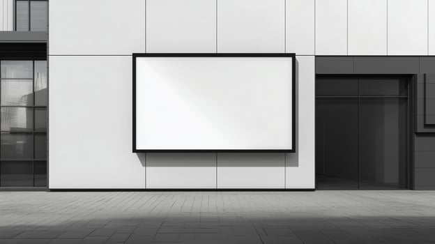 Mockup white blank board modern placard rectangle advertising in wall building for information photo