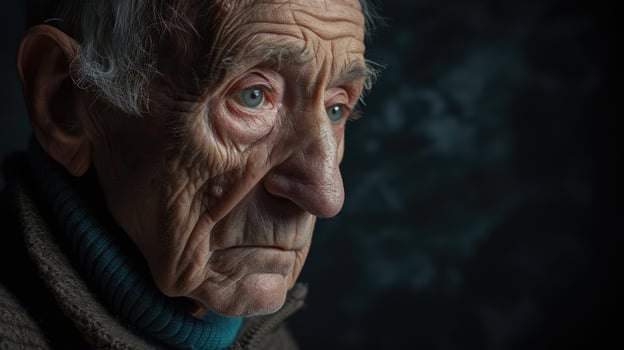 An elderly man with a creased forehead and a wistful gaze lost in thought as he reflects on his lifes journey photo