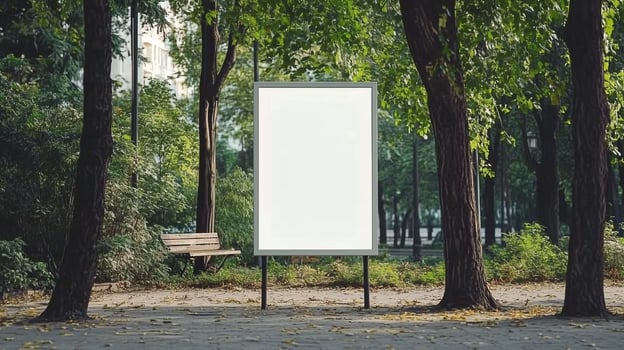 Mockup white blank board copy space for information and promotion in park with fresh green tree photo