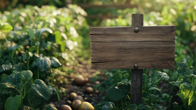 Blank wooden trunk board for label information important in potato vegetable botanical field garden photo