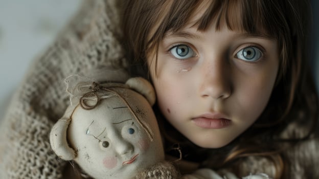 A young girl with a broken doll and a tearstained face symbolizing the loss of innocence photo