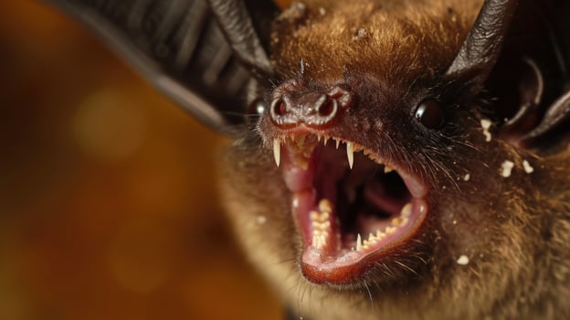 Closeup of a bats mouth revealing white spots and lesions on the tongue and gums. This is a common symptom of whitenose syndrome causing pain and difficulty eating for th photo
