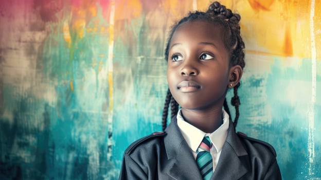 A young African immigrant girl standing tall in her school uniform and determined to achieve her dreams despite facing challenges as a newcomer in a new country photo