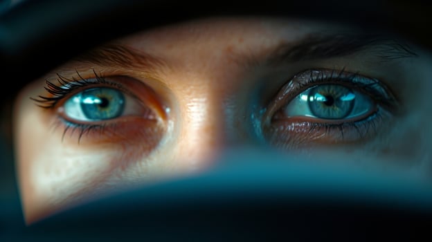 A splitsecond closeup of a drivers eyes filled with adrenaline and determination as they quickly check their rearview mirror for any potential threats photo