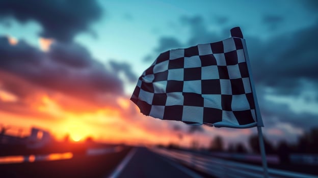 Against a backdrop of deepening purplishblue skies the checkered flag is waved in excitement and celebration photo