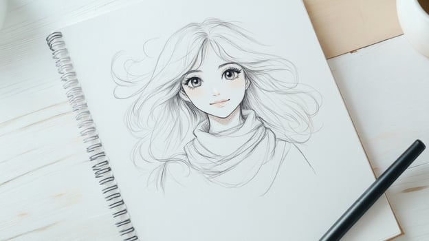 A hand-drawn anime character sketched in a spiral-bound notebook, featuring a girl with flowing hair photo
