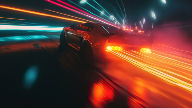 The blur of lights and colors as cars speed past in a fierce race leaving trails of smoke and tire marks in their wake photo