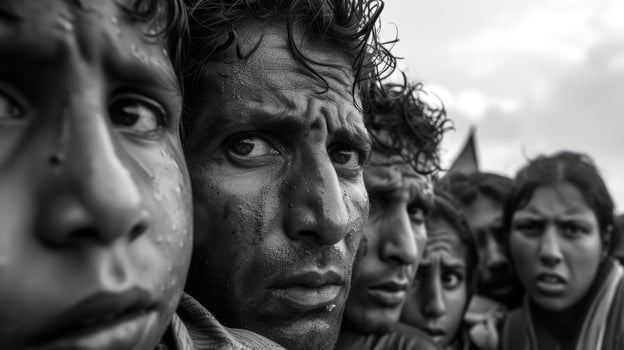 A group of refugees their faces bearing the weight of the horrors and perseion they have escaped from in their home country photo