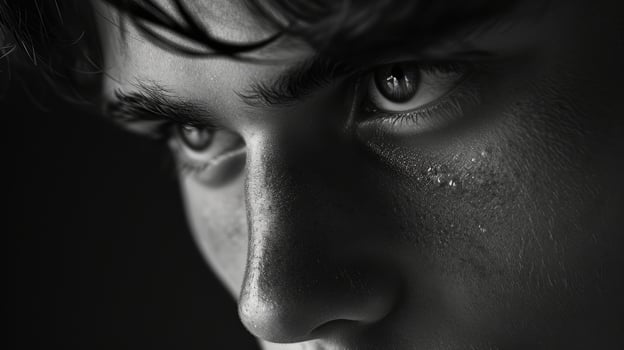 Closeup of a young mans face the curve of his jawline and the intensity in his eyes hinting at the struggles he has faced in finding his true identity photo