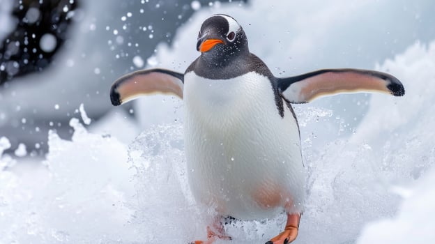 Closeup of a Gentoo penguin coming to a stop after a long sliding journey its feet dragging behind it in a trail on the ice. Its expression is one of pure delight with it photo