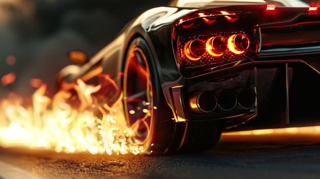 The intense heat radiating from the exhaust pipes is captured in an upclose shot as flames shoot out with every powerful rev of the engine photo