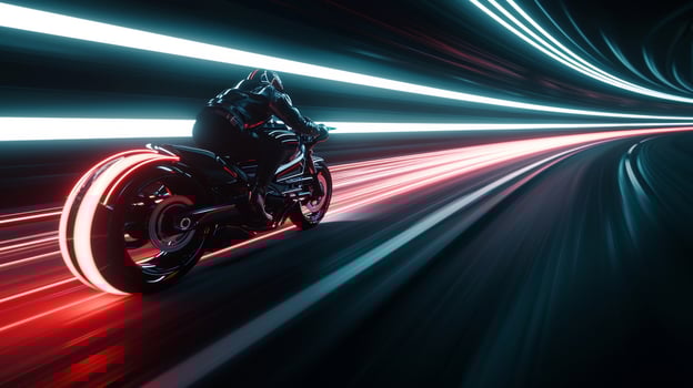 The neonenhanced tail lights of a motorcycle create a stunning trail of light as it speeds down the otherwise pitchblack road photo