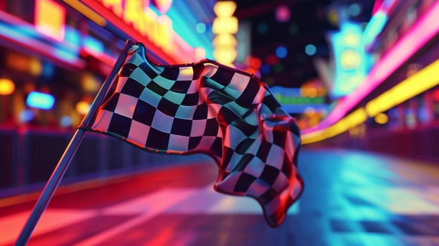 A slowmotion closeup of a checkered flag fluttering in the wind framed by the iconic neon lights and vintage signage of a retro race track photo