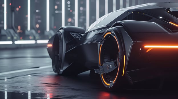 The final shot showcases the car in all its glory with a closeup of its emblem a futuristic symbol that perfectly embodies the hightech and edgy cyberpunk vibes of the vehicle photo