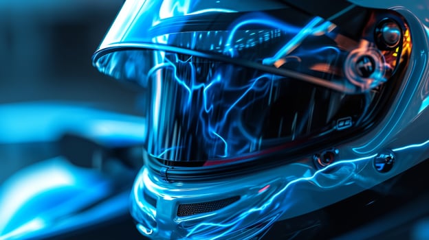The nitros blue flames reflect in the drivers safety goggles as they lean forward in their seat fully focused on the race ahead photo