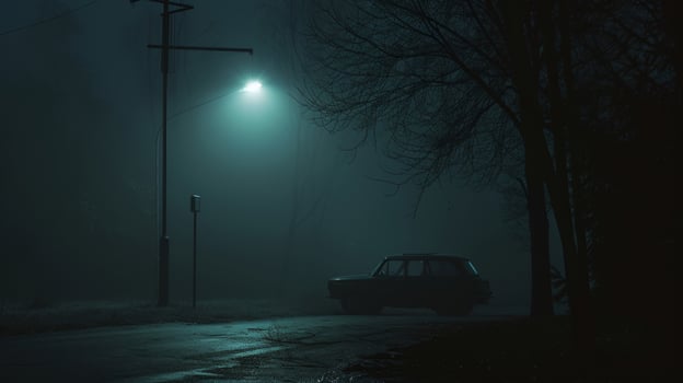 An eerie foggy night shot of a lone car parked under a flickering streetlight with rumors of a ghostly hitchhiker appearing to unsuspecting drivers who p by photo