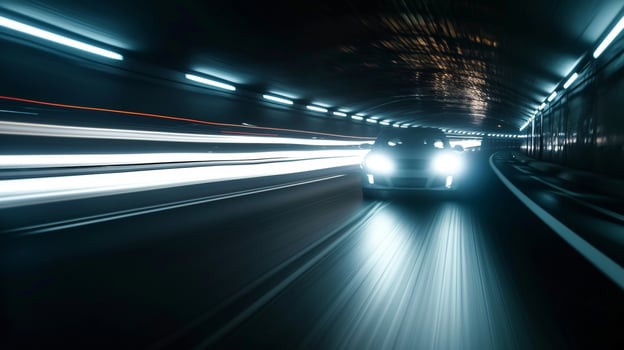 Intense closeup shot of car headlights piercing through the darkness of a tunnel leaving a trail of bright white streaks behind. The tunnel walls seem to close in only intensifyin photo