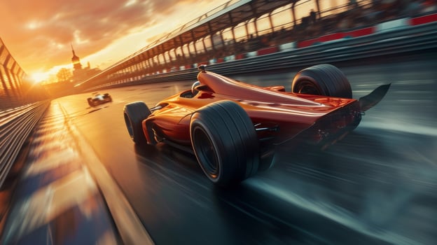 The camera hones in on the leading car as it inches closer and closer to the finish line the driver determined to claim the ultimate victory photo