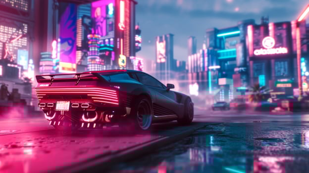 Steam swirling around a brightly lit neon sign giving the illusion of a futuristic cityscape photo