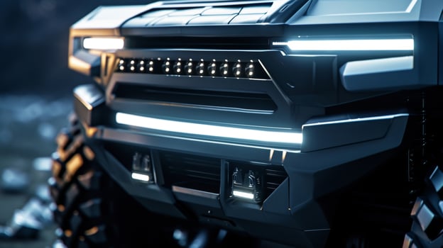 A closeup of a rugged and powerful trucks illuminated grille with bold and bright white lights emphasizing its tough and durable aesthetic photo
