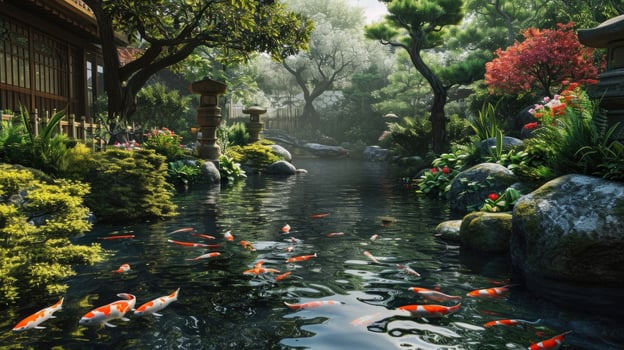 A tranquil pond with koi fish surrounded by a Zen garden. photo