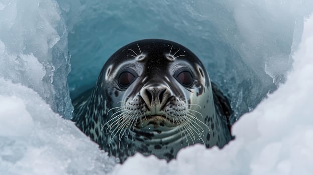 Closeup of a Weddell seal peeking out from a partially submerged ice hole its wet head and slick fur glistening in the light photo