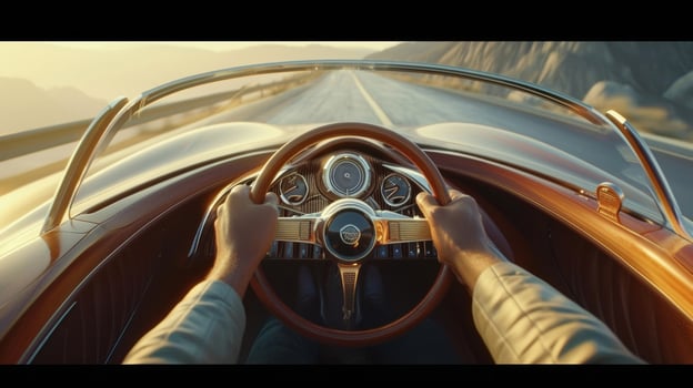 The camera zooms in on a drivers hands as they grip the steering wheel tightly revving the engine in preparation for takeoff photo