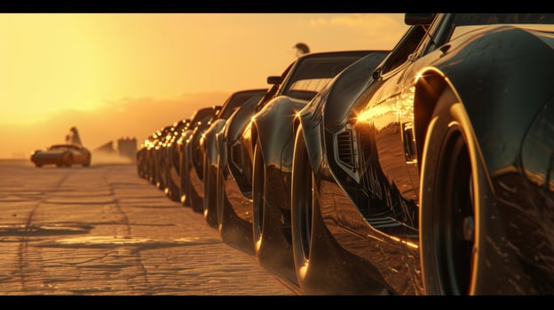 The camera pans over a line of drag cars their glossy exteriors reflecting the harsh desert sun as they await the start of the race photo