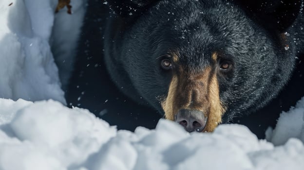Closeup of a black bears curious eyes blinking in the bright winter sunlight as it emerges from its snowy den photo
