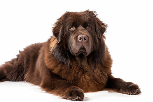 A large brown dog laying down on a white background photo