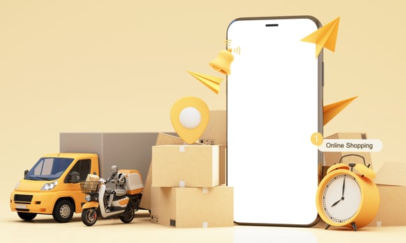 Fast delivery concept with motorcycle and truck or van coming with packages with delivery boy robotic through the smartphone screen 3D rendering, 3D illustration photo