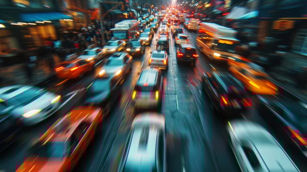 The chaotic blur of cars taxis and motorcycles weaving through narrow city streets creating a tangled maze of vehicles photo