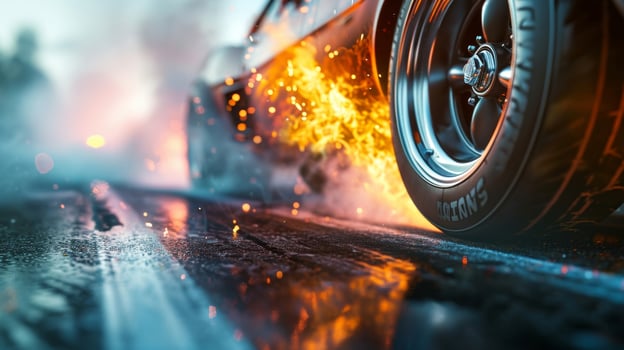 A closeup of a drag racers burned rubber tires as they peel out at the starting line photo